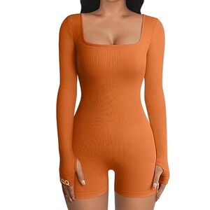 OQQ Orange Ribbed Seamless Long Sleeve Workout Romper Bodysuit Women's Size L